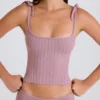 Ribbstickad linne med knytning i mauve
