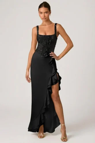 Robina Embellished Ruffle-Trim Corset Gown i svart
