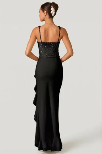 Robina Embellished Ruffle-Trim Corset Gown i svart