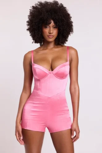 Romera Satin Corset Mini Playsuit i rosa