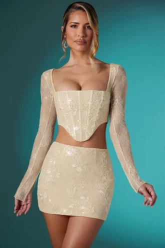 Romy Embellished Lace Bodycon Mini Kjolar i Ivory