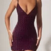 Ronja Embellished Plunge Semi-Sheer Miniklänning i Deep Purple