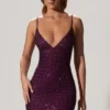 Ronja Embellished Plunge Semi-Sheer Miniklänning i Deep Purple