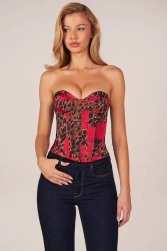 Rose Bandeau Lace-Up Corset Top i rosa leopardmönster