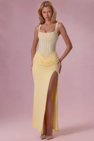 Rosina Mesh Draped Bridesmaid Klänning i Butter Yellow