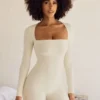 Rue långärmad unitard med fyrkantig halsringning i ivory