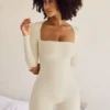 Rue långärmad unitard med fyrkantig halsringning i ivory