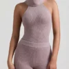 Sakari ribbstickad turtleneck-top med öppen rygg i taupe