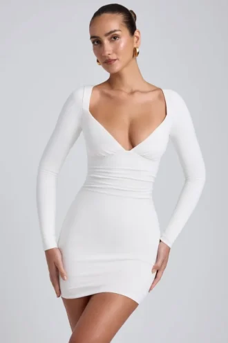 Sana Modal Ruched Long-Sleeve Miniklänning i vitt