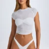 Santana genomskinlig, rynkad, kort T-shirt i vitt