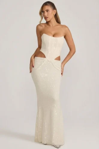 Saphira Embellished Cut-Out Draped Corset Gown i vitt