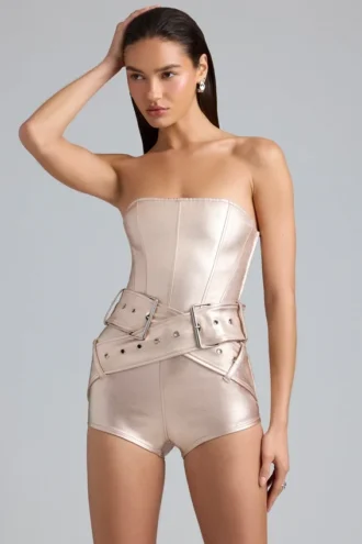 Sasha metallic-denim-korsettplaysuit med bälte i champagne