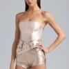 Sasha metallic-denim-korsettplaysuit med bälte i champagne