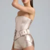 Sasha metallic-denim-korsettplaysuit med bälte i champagne