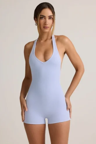 Shelly Modal Ribbed Backless Playsuit i ljusblått