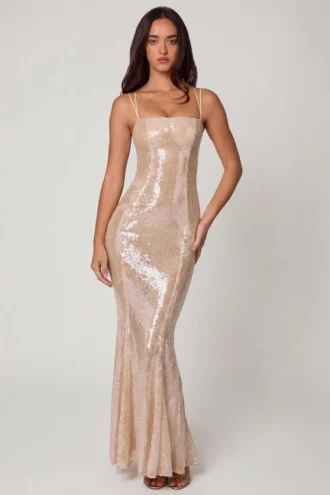 Sima Embellished Square Neck Lace Gown i Pale Peach