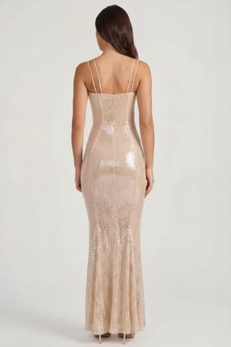 Sima Embellished Square Neck Lace Gown i Pale Peach