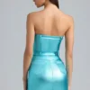 Simone Metallic Denim Belted Strapless Miniklänning i Aqua