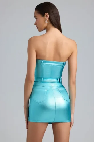 Simone Metallic Denim Belted Strapless Miniklänning i Aqua