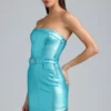 Simone Metallic Denim Belted Strapless Miniklänning i Aqua
