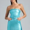Simone Metallic Denim Belted Strapless Miniklänning i Aqua