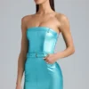 Simone Metallic Denim Belted Strapless Miniklänning i Aqua