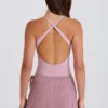 Skort i ribbstickat tyg med knytning i mauve