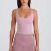 Skort i ribbstickat tyg med knytning i mauve