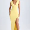 Sloane Modal Plunge-Neck Thigh-Split Maxi Klänning i Lemon Sherbet