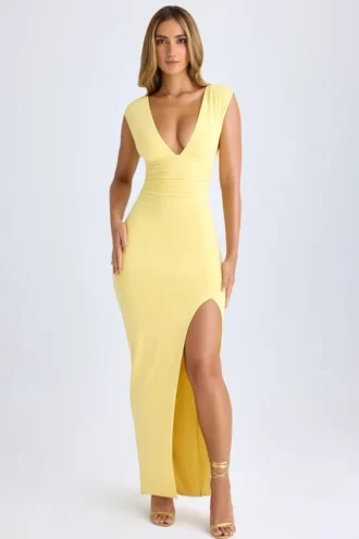 Sloane Modal Plunge-Neck Thigh-Split Maxi Klänning i Lemon Sherbet