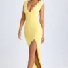 Sloane Modal Plunge-Neck Thigh-Split Maxi Klänning i Lemon Sherbet