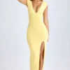 Sloane Modal Plunge-Neck Thigh-Split Maxi Klänning i Lemon Sherbet