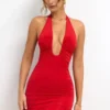 Sofija Slinky Jersey Plunge Neck Ruched Miniklänning i scharlakansrött