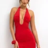 Sofija Slinky Jersey Plunge Neck Ruched Miniklänning i scharlakansrött
