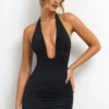 Sofija Slinky Jersey Plunge Neck Ruched Miniklänning i svart