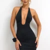 Sofija Slinky Jersey Plunge Neck Ruched Miniklänning i svart