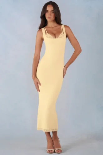 Sorelle Modal Lace-Trim Midaxi-klänning i smörgul