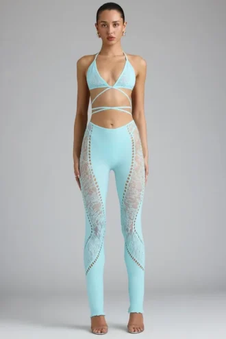 Stevie Embellished Mid-Rise Flared Trousers i isblått