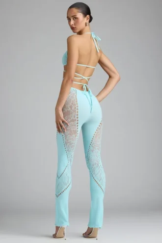 Stevie Embellished Mid-Rise Flared Trousers i isblått
