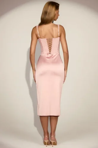 Taliah spetsklänning med mjuk rund halsringning och korsett i satin, midilängd, rosa