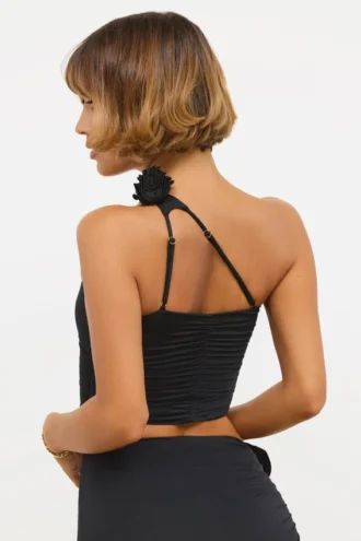 Tesia Slinky Jersey asymmetrisk topp med rosdetaljer i svart