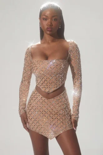 Thora Embellished Asymmetric Crop Top i Almond