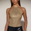 Tindra Embellished Jersey Halterneck Backless Top i guld