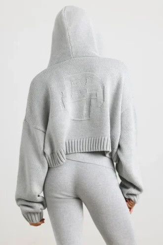 TRUE Kort hoodie i grovstickat med dragkedja i gråmelerat
