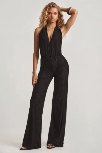 Tulay Devoré jumpsuit med halterneck och öppen rygg i svart