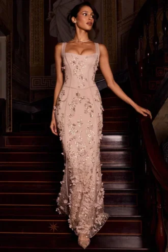 Vasanta Embellished Appliqué Soft-Scoop Corset Gown i guld