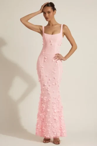 Vasanta Embellished Appliqué Soft-Scoop Corset Gown i rosa