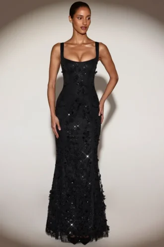 Vasanta Embellished Appliqué Soft-Scoop Corset Gown i svart