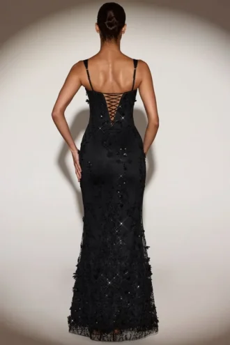 Vasanta Embellished Appliqué Soft-Scoop Corset Gown i svart