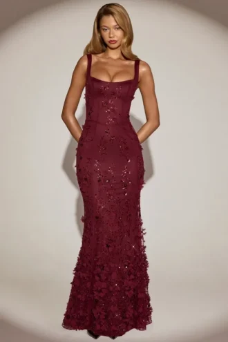 Vasanta Embellished Appliqué Soft-Scoop Corset Gown i vinrött